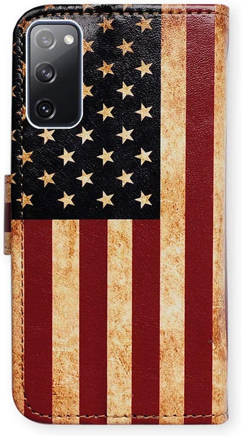 Galaxy S20 FE 5G Case, Retro American Flag Leather Flip Wallet Cover with Card Slot Holder