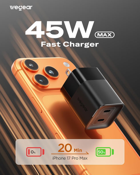 wegear 45W 2 17/16/15, S25/S24, 10/9 USB C Charger, Port GaN Fast Charging with PPS, Foldable Wall Charger Block