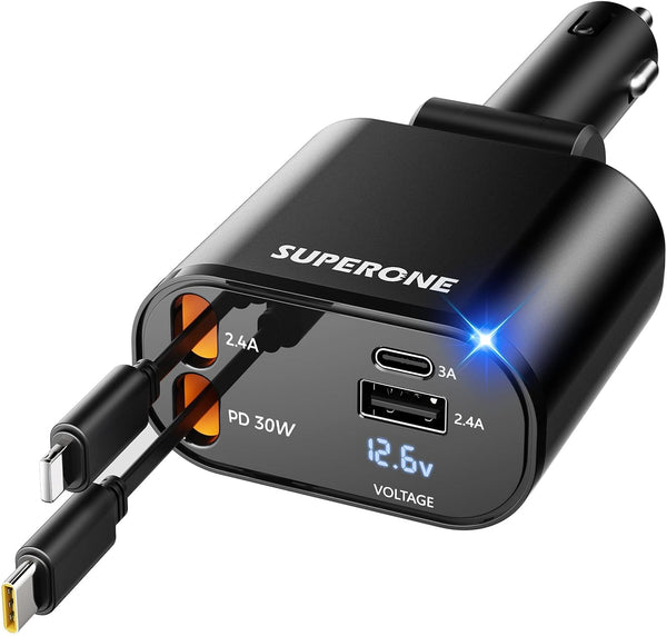 ?Upgraded? SUPERONE 4 in 1 Retractable Car Charger, Fast Car Phone Charger with 2.6ft Cord, USB C and Apple Adapter,