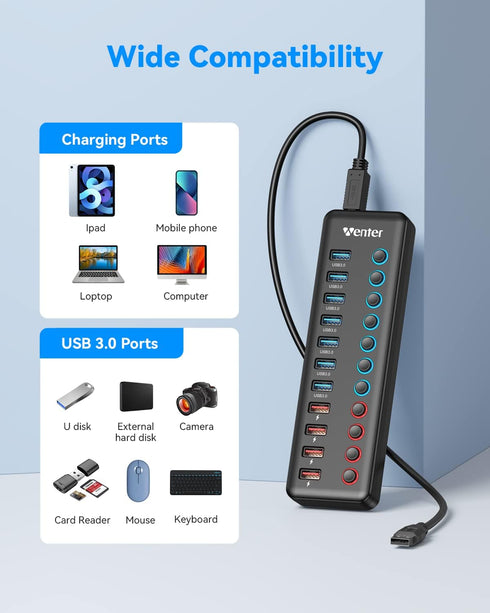 Wenter 11-Port Powered USB 3.0 Hub, Splitter with 7 Data Transfer Ports + 4 Smart Charging Ports