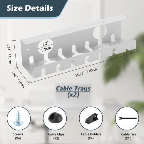 Under Desk Cable Management Tray, 2 Pack White, OSteed Cord Organizer for Desk Wire Management