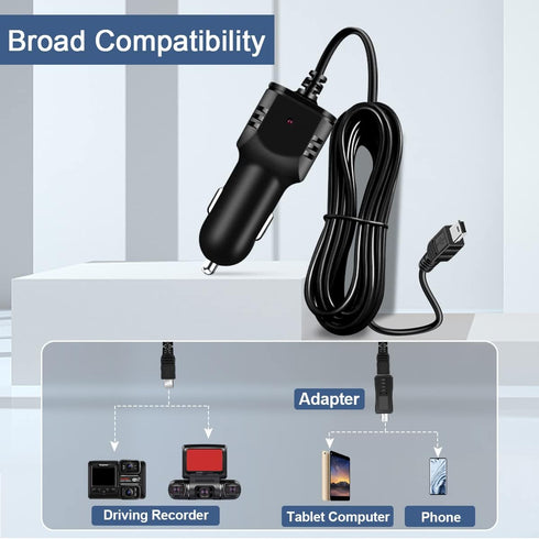Dash Camera Car Charger, Mini USB and Micro USB Interfaces, Driving Recorders Power Cord Universal Car Adapter Power Cord 3.5m/11.5ft 12V/24V to DC5V 2A(I Interface)