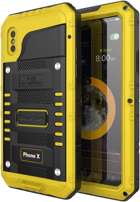 Beasyjoy iPhone X Case, Heavy Duty Metal Cover with Screen, Waterproof Shockproof, Military Grade Protection, Yellow,