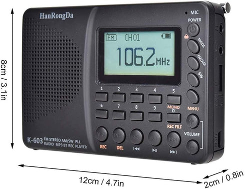 HRD-603 Portable Radio, AM/FM/SW/BT/TF Pocket Radio with USB MP3 Digital Recorder, Supports TF Card Bluetooth