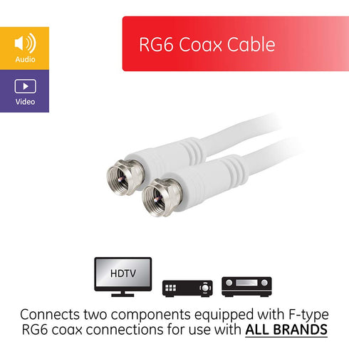 GE RG6 Coaxial Cable, 6 ft, White - F-Type Connectors, Low Loss Coax for TV Antenna, DVR, Home Theater