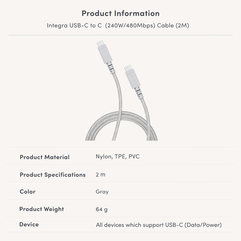 Moshi Integra USB-C to C Cable, Gray, 240W/480Mbps, 2.0M