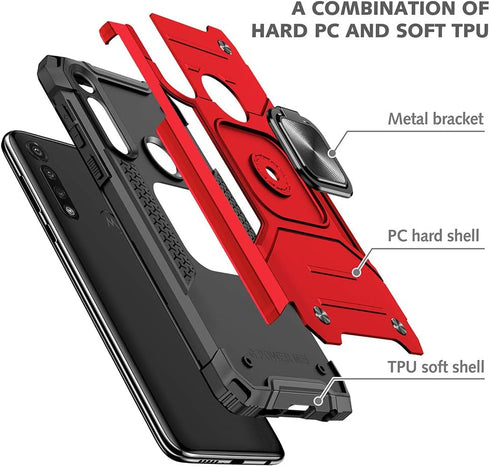 for Moto G Power Case with Screen Protector, Hard Rubber Bumper, Shockproof Tough Rugged with Kickstand (Red)