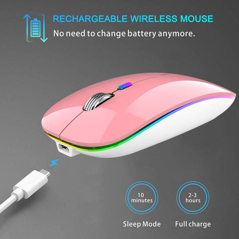 TENMOS Wireless Bluetooth Mouse, LED Slim Dual Mode Rechargeable Silent Mouse with Type C Adapter (Pink)