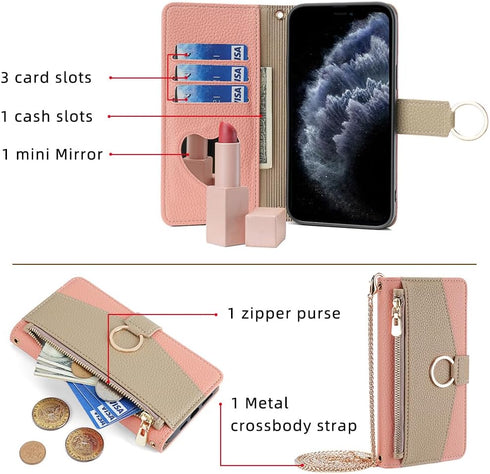 Asuwish Phone Case for iPhone 11 Pro 5.8 Wallet Cover with Screen Protector and Mirror Flip Cover Ring Card Holder Crossbody Strap Stand Cell iPhone11pro iPhone11 i XI 11s 11pro Women Girls Pink