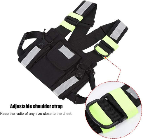 Radio Chest Harness Rig Holster Pack, Front Pouches Zipper Bag with Green Reflective Strips for Walkie Talkies