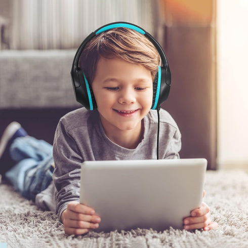 POWMEE Kids Over-Ear Headphones, 94dB Volume Limited, Adjustable Stereo 3.5MM Jack for Kids/Teens (Black)