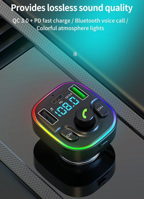 Bluetooth 5.3 FM Transmitter Car Adapter, Fast Charger with Hi-Fi Audio & Clear Calls, 7 Colors LED Backlit