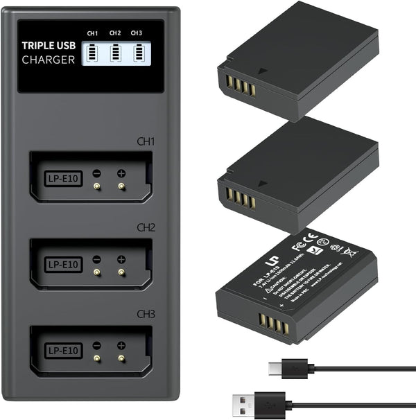 LP LP-E10 Battery Charger Pack, 3-Pack 1600mAh Replacement Battery, USB Charger for Canon EOS Rebel T7, T6, T5, T3