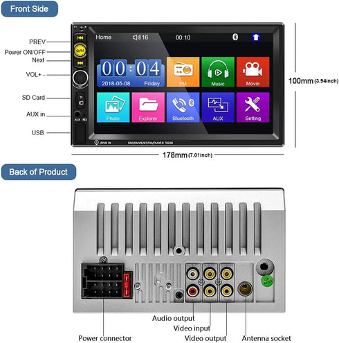 Nhopeew Double Din Car Stereo with Bluetooth, Backup Camera, 7 Inch Touch Screen Car Radio, Support AUX/USB/TF Card