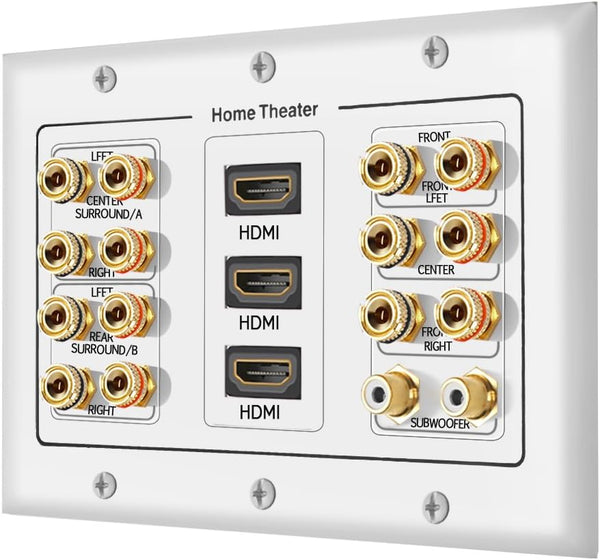 3 Gang 7.2 Surround Sound Distribution Home Theater Copper Banana Binding Post Coupler Type Wall Plated