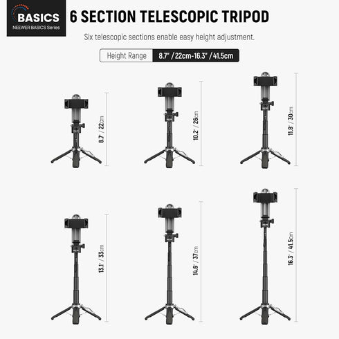 NEEWER 360 P15 Selfie Stick Tripod for iPhone, Lightweight Foldable Mini Travel Desk Stand with Cell Phone Holder Cold