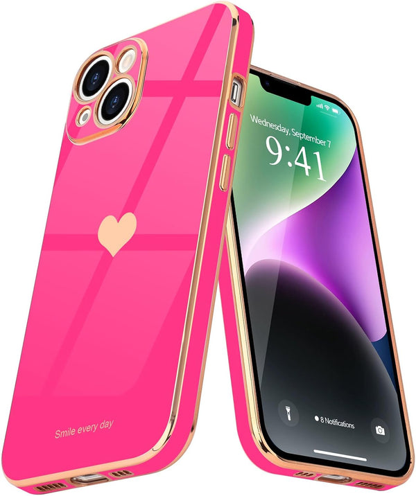 Teageo Cute Love Heart Case for iPhone 14 Plus - Luxury Plating Soft Bling Back Cover with Raised Full Camera