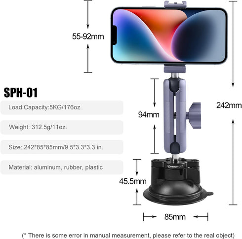 SUNWAYFOTO Universal Cellphone Auto Bracket - Suction Cup Mount for Windshield Car Window, Cell Phone Holder SPH-01