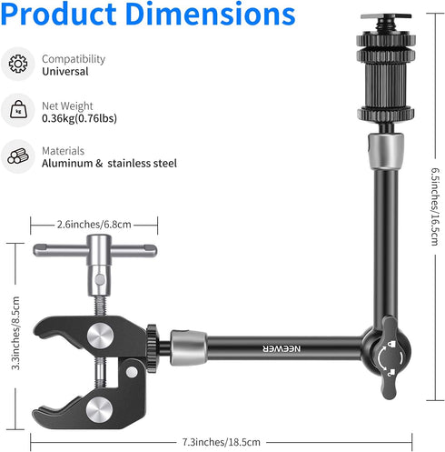 NEEWER Upgraded Super Clamp and 11" Adjustable Friction Power Articulating Magic Arm for SmallRig Camera Cage