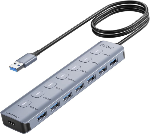 JESWO 3.3Ft USB Hub 3.0, 7-Port Aluminum USB 3.0 Hub, USB Splitter with
