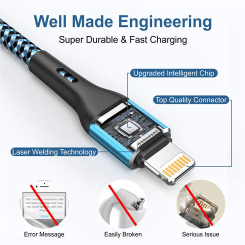 Durcord 6FT Lightning Cable: Fast Charging Nylon Braided Cord for iPhone 14/13/12/11 Pro Max/XS/XR/8/7/6S/SE/iPad.