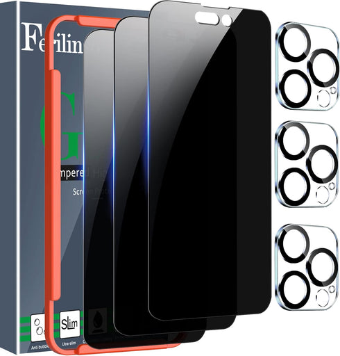 Ferilinso 3 Pack Privacy Screen Protector for iPhone 14 Pro Max - 9H Tempered Glass & Camera Lens Protectors.