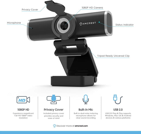 Amcrest 1080P (AWC195-B) Webcam with Microphone for Desktop, Web Cam Computer Camera, Streaming HD USB Web Camera