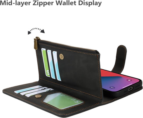 iCoverCase Wallet Phone Case for iPhone 13 Pro, PU Leather Zipper Pocket with Card Holder and Wrist Strap (Black)