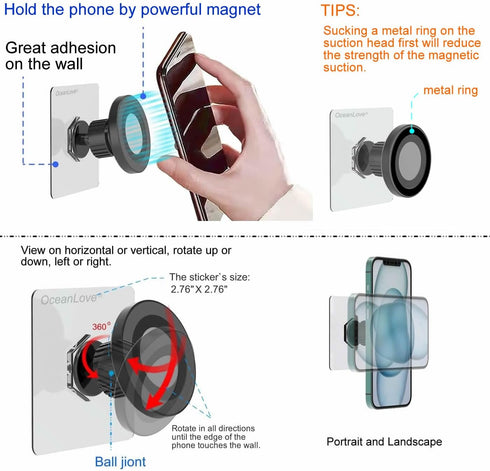 for MagSafe Wall Mount Magnetic Phone Holder, Self-Adhesive, Rotatable Ball, Waterproof, Compatible with iPhone 15/14/13/12 and All Phones, Shower Mirror Car Gym Bathroom Kitchen