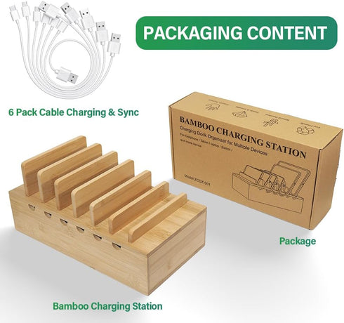Bamboo Charging Station for Multiple Devices, Upgrade Desk Docking Station Organizer for Apple Devices (Includes 6