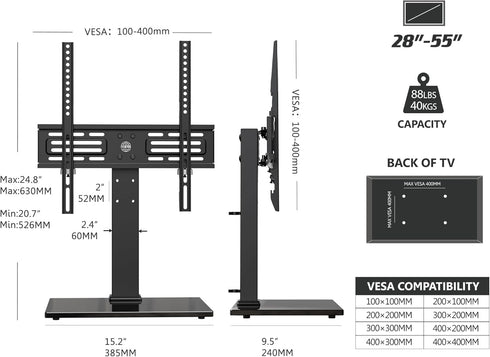 FITUEYES Universal TV Stand, Swivel Tabletop TV Stand for 28-55 Inch Flat Screens, Height Adjustable, Black
