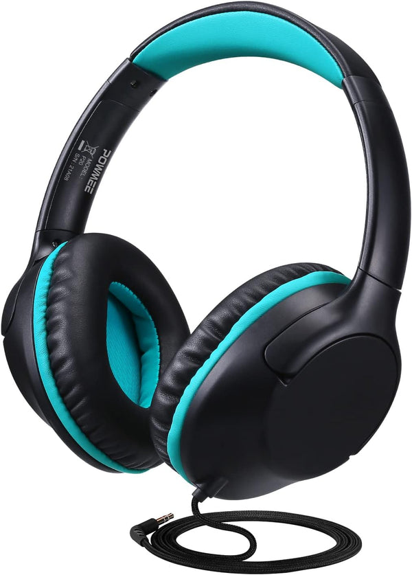 POWMEE Kids Over-Ear Headphones, 94dB Volume Limited, Adjustable Stereo 3.5MM Jack for Kids/Teens (Black)