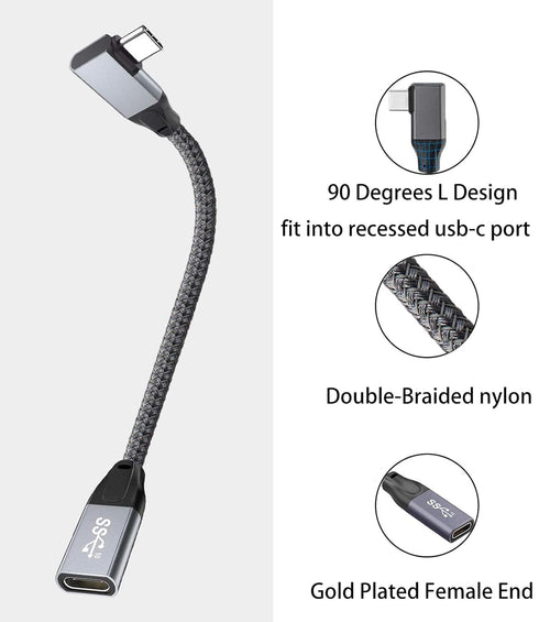 Right Angle USB C Male to Female Extension Cable 3.3ft, Type C 3.1 Gen 2, 10Gbps Data, 4K Video, 100W Charging