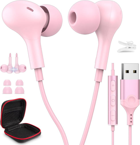 USB Headphone for PC Laptop - Magnetic 2.3M Wired Earbuds with Microphone Control and Noise Canceling