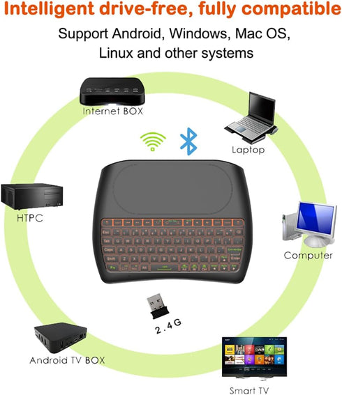 Mini Bluetooth Keyboard D8, Rechargeable Wireless Keyboard with Touchpad, Backlit Handheld Remote, 2.4G WiFi/BT4.2 for
