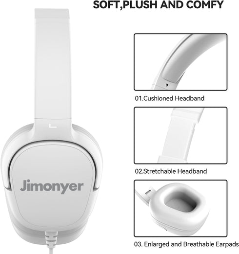 Kids Headphones for School, 3.5mm Jack Wired Headphones with Safe Volume Limiter, HD Stereo Sound On-Ear (White)