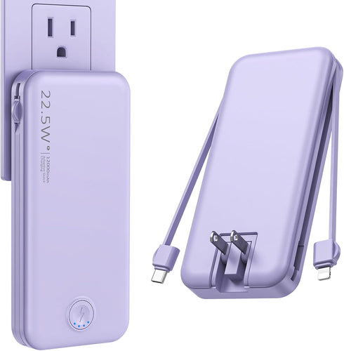 Portable Charger 12000mAh with Built-in Cable and AC Wall Plug, 22.5W Super Fast Charging for iPhone, Samsung, Tablets