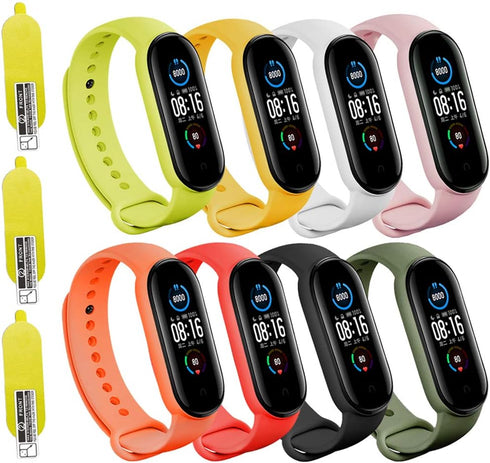(8 PACK) Mi 5 & 6 Strap Replacement Bracelets with 3 FREE Screen Protectors, Soft & Flexible Silicone Wristbands