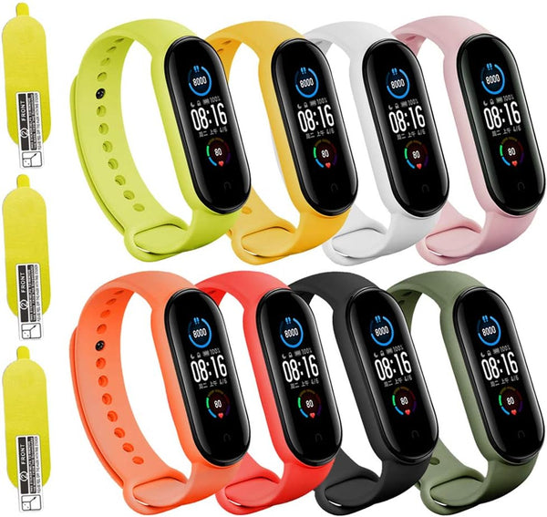 (8 PACK) Mi 5 & 6 Strap Replacement Bracelets with 3 FREE Screen Protectors, Soft & Flexible Silicone Wristbands