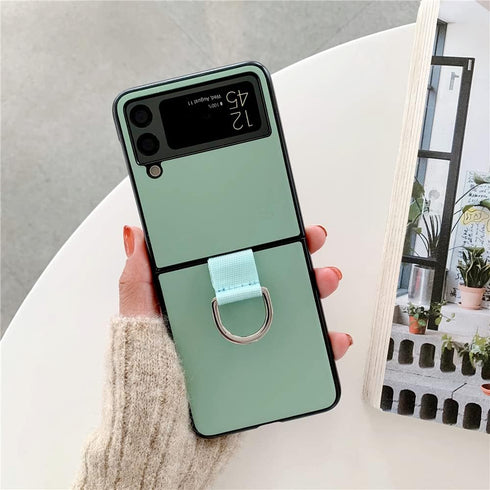Lunivop Compatible with Samsung Galaxy Z Flip 3 5G Case - Metal Ring Ultra Slim Cover, Hard Plastic PU Leather