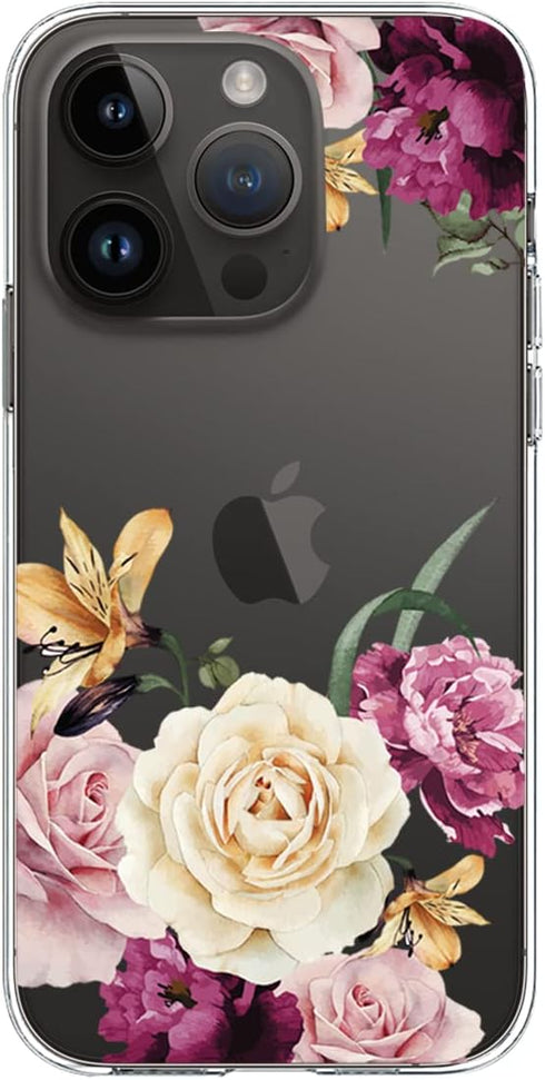 Slim Fit Crystal Clear Floral Pattern Case Compatible with iPhone 14 Pro, Pink Purple Flowers Design for Girls Women,