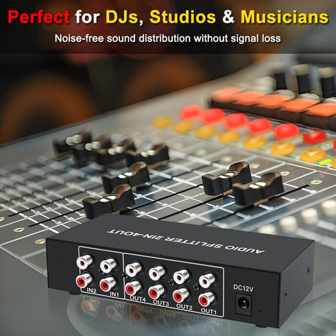 2 4 in Out RCA L/R Audio Splitter Stereo Line Level Distributor Mixer with Independent Volume Control for Home Theater