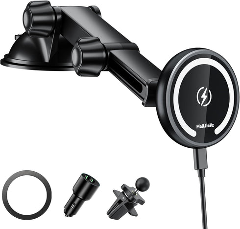 Wireless Car Charger with Fast Max 36W QC3.0 Adapter, Magnetic Magsafe Mount, Retractable Phone Holder for iPhone