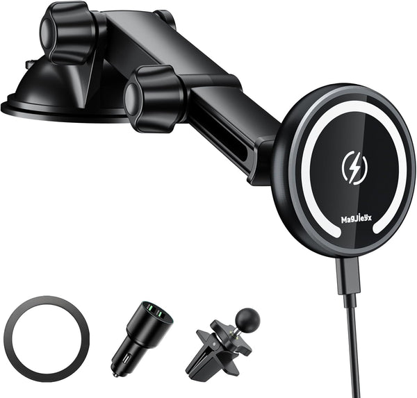 Wireless Car Charger with Fast Max 36W QC3.0 Adapter, Magnetic Magsafe Mount, Retractable Phone Holder for iPhone