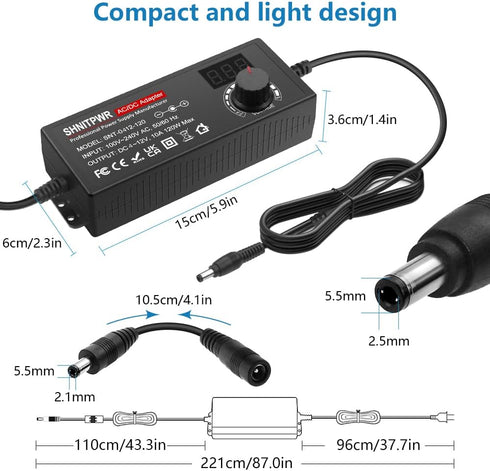 SHNITPWR 4V - 12V Power Supply, 10A 120W AC to DC Adapter, Voltage Adjustable Universal Converter with 14 Tips