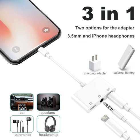 Lightning to Headphone Adapter 3.5mm Jack Headphone Adapter 3 in 1 Earphone and Charging Splitter for iPhone 13/12/11/SE/XS/XR/X/8/7 and iPad