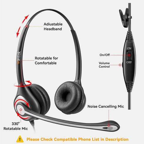 Headset Headset 2.5mm Wantek Phone with Microphone Noise Cancelling,Telephone Jack Compatible with Panasonic AT&T