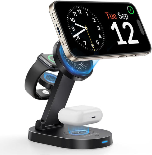 iDsonix 3 in 1 Mag-Safe Charger Stand, Fast Wireless Charger Station for Apple Devices, Adjustable Stand, LED Light