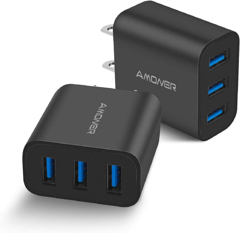 Amoner Wall Charger - Upgraded 2Pack 15W 3-Port USB Plug Cube for iPhone and Galaxy Devices