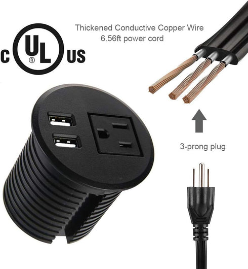 Desktop Power Grommet Outlet with 2 USB Charging Ports - 2 3/8 inch Hole, 6.5ft Extension Cord, 1 Outlet for Computer,